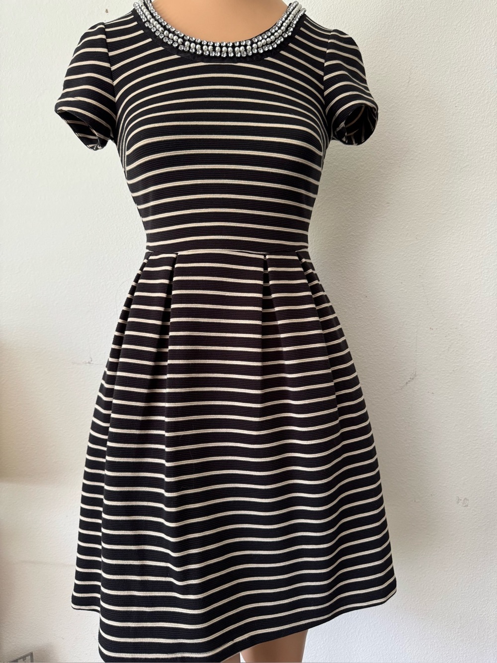 MAISON JULES Embellished Black & Cream Striped Fit-and-Flare Dress Size XSMALL